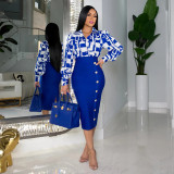 Fashion Print Long Sleeve Shirt with Sexy Slim Fit Wrapped Hip Skirt Two Piece Set