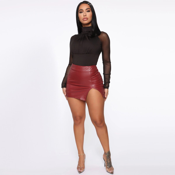 High Waist Wrapped Hip Short Skirt Night Shop PU Leather Zipper Sexy Black Leather Skirt