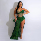 Fashion Sexy V-Neck Strap Sequin Hot Diamond Split Dress