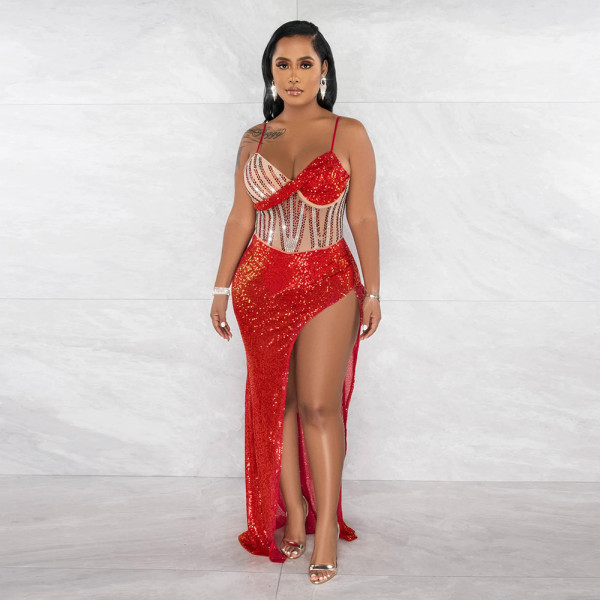 Fashion Sexy V-Neck Strap Sequin Hot Diamond Split Dress