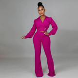 Fashion Polo Long Sleeve Top with Slim Fit Flare Solid Casual 2PK Set