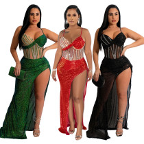 Fashion Sexy V-Neck Strap Sequin Hot Diamond Split Dress