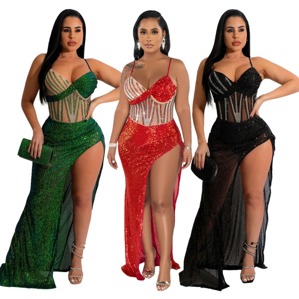 Fashion Sexy V-Neck Strap Sequin Hot Diamond Split Dress