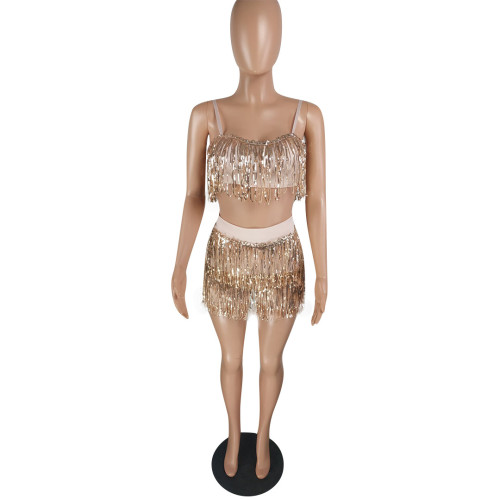 Sexy sequin tassel two-piece nightclub style sequin set