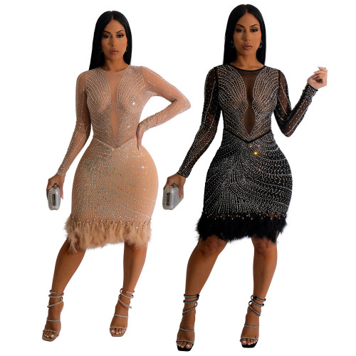 Sexy Perspective Hot Diamond Long Sleeve Dress Fashion Party Evening Dress