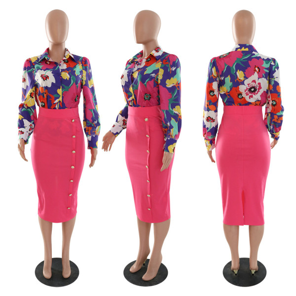 Fashion Print Long Sleeve Shirt with Sexy Slim Fit Wrapped Hip Skirt Two Piece Set