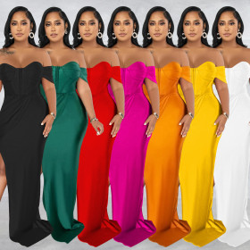 Fashion Women's Solid Color Bra Sleeveless Waist Wrap Long Dress