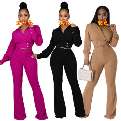 Fashion Polo Long Sleeve Top with Slim Fit Flare Solid Casual 2PK Set