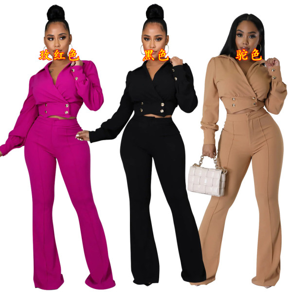 Fashion Polo Long Sleeve Top with Slim Fit Flare Solid Casual 2PK Set