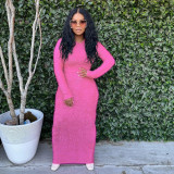 Women's Wholesale Casual Round Neck Long Sleeve Fur Dress Medium Length Dress Women Multi Color