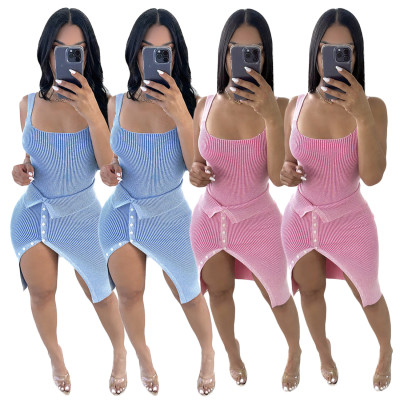 Fashion Women's Pit Stripe One Piece Top Wrapped Skirt Two Piece Set