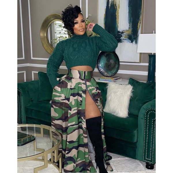 Women's casual camouflage printed zippered split elastic waist skirt