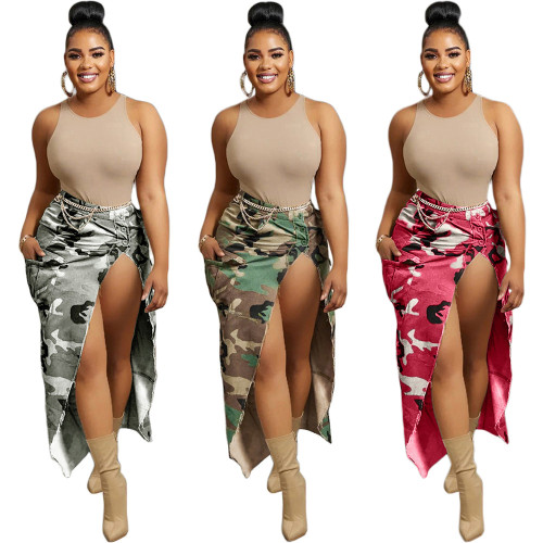 Women's casual camouflage printed large pocket split mid length skirt