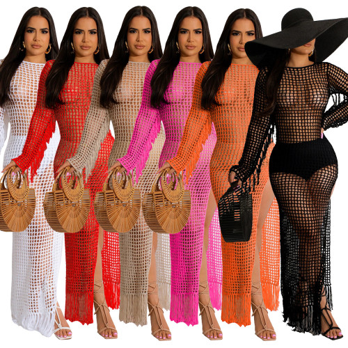 Women's sexy solid color hand knitted fringed beach skirt