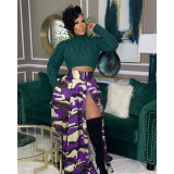 Women's casual camouflage printed zippered split elastic waist skirt