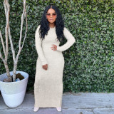 Women's Wholesale Casual Round Neck Long Sleeve Fur Dress Medium Length Dress Women Multi Color