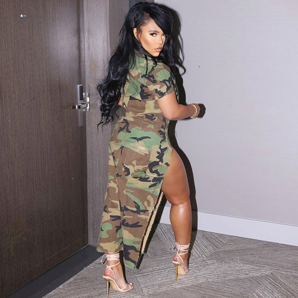 Casual Camo Print Polo Short Sleeve Split Skirt Set