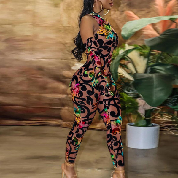 Sexy printed bodysuit with hand sleeve nightclub outfit