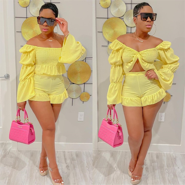 Sexy Women's Top Tied Up Pile Sleeve Pleated Set Available in Four Colors