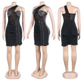 Sexy Slim Fit Hot Diamond Diagonal Shoulder Wrap Hip Dress