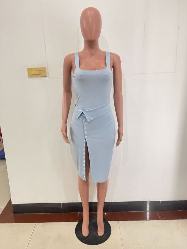 Fashion Women's Pit Stripe One Piece Top Wrapped Skirt Two Piece Set