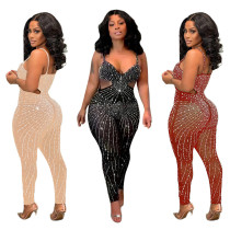 Fashion Sexy Mesh Perspective Hot Diamond Sleeveless Sling Jumpsuit Fashion Sexy Mesh Perspective Hot Diamond Sleeveless Sling Jumpsuit