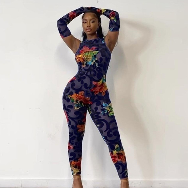 Sexy printed bodysuit with hand sleeve nightclub outfit