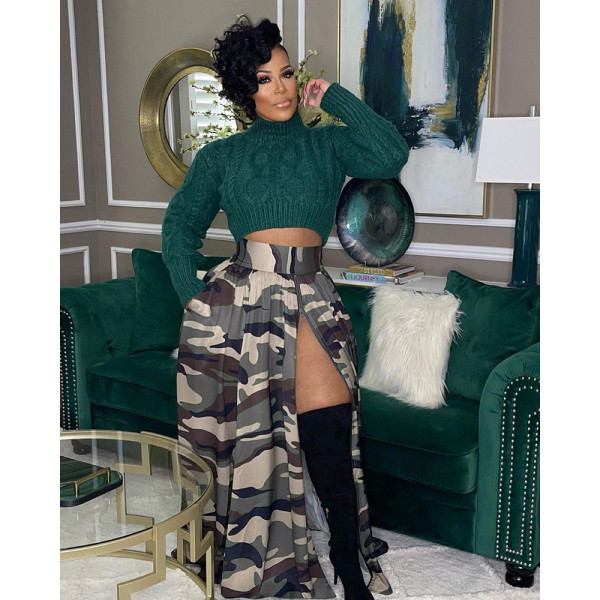 Women's casual camouflage printed zippered split elastic waist skirt
