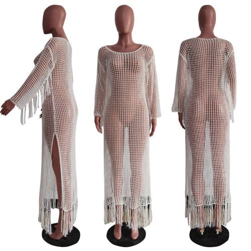 Women's sexy solid color hand knitted fringed beach skirt