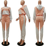 Women's patchwork color contrast half high neck hooded sports casual suit