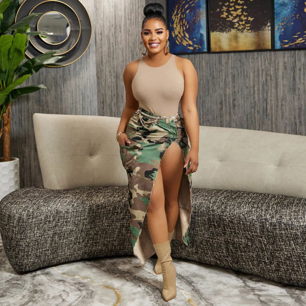 Women's casual camouflage printed large pocket split mid length skirt
