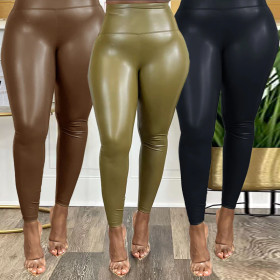Fashion High Waist Slightly Elastic Leather Pants and Leggings