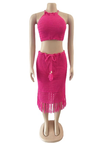 Women's fringe fishing net knitted casual two-piece set