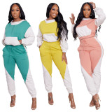 Women's patchwork color contrast half high neck hooded sports casual suit