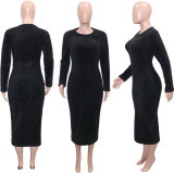 Women's Wholesale Casual Round Neck Long Sleeve Fur Dress Medium Length Dress Women Multi Color