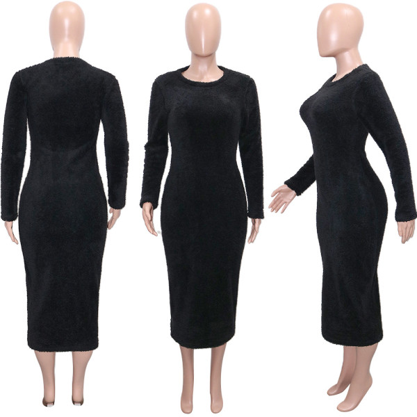 Women's Wholesale Casual Round Neck Long Sleeve Fur Dress Medium Length Dress Women Multi Color