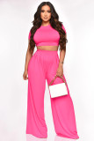 Casual Solid Color Open Umbilical Short Top High Waist Loose Straight Pants 2 Piece Set