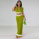 Women's casual suit Summer color contrast lapel wide leg pants Short sleeve open navel two-piece set