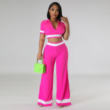 Women's casual suit Summer color contrast lapel wide leg pants Short sleeve open navel two-piece set
