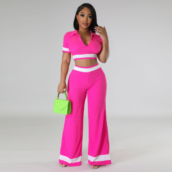 Women's casual suit Summer color contrast lapel wide leg pants Short sleeve open navel two-piece set