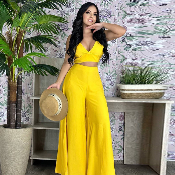Solid color suspender vest high waist pocket wide leg pants casual suit