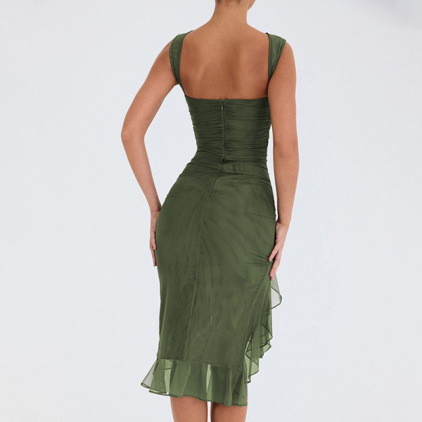 Round Neck Sleeveless Dress Women's Fashion Hot Selling Sexy Tight Back Pleated Midlength Dress