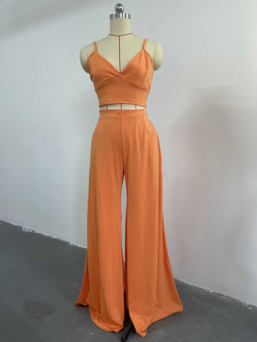 Solid color suspender vest high waist pocket wide leg pants casual suit