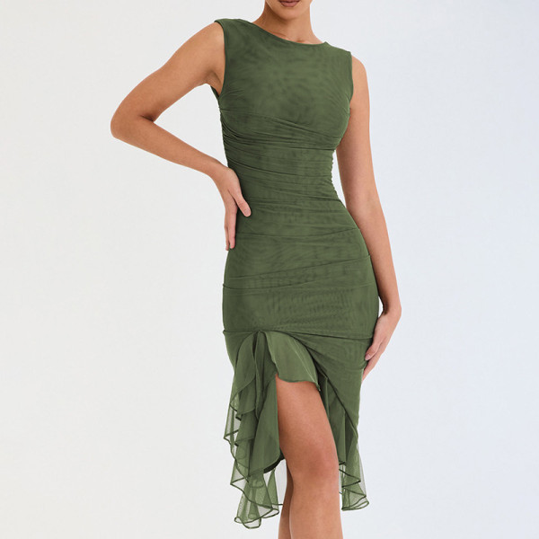 Round Neck Sleeveless Dress Women's Fashion Hot Selling Sexy Tight Back Pleated Midlength Dress
