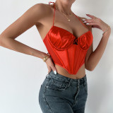 Sensitized Satin Mesh Fish Bone Strap Diamond Double Fold Tank Top