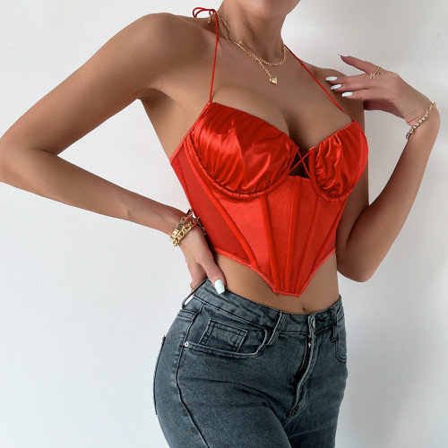 Sensitized Satin Mesh Fish Bone Strap Diamond Double Fold Tank Top