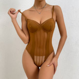 Sexy Perspective Open Back Lace Mesh Spliced Bodysuit