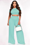 Casual Solid Color Open Umbilical Short Top High Waist Loose Straight Pants 2 Piece Set