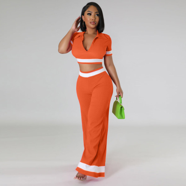 Women's casual suit Summer color contrast lapel wide leg pants Short sleeve open navel two-piece set