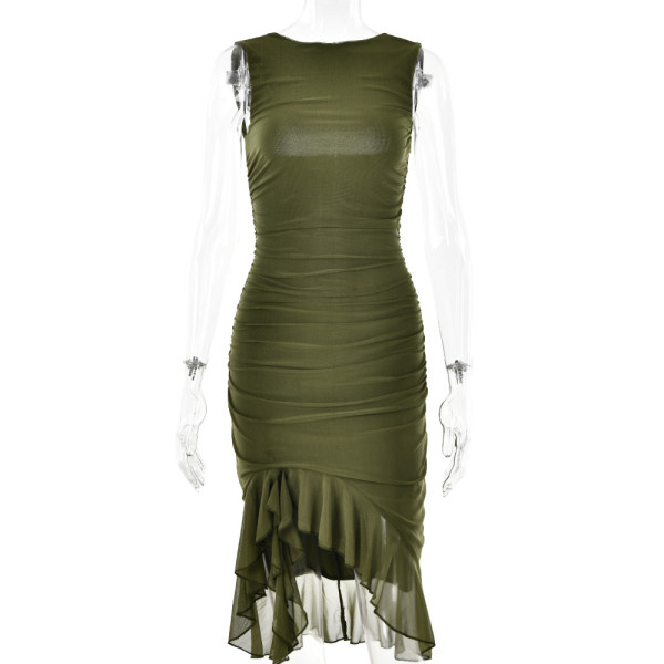 Round Neck Sleeveless Dress Women's Fashion Hot Selling Sexy Tight Back Pleated Midlength Dress